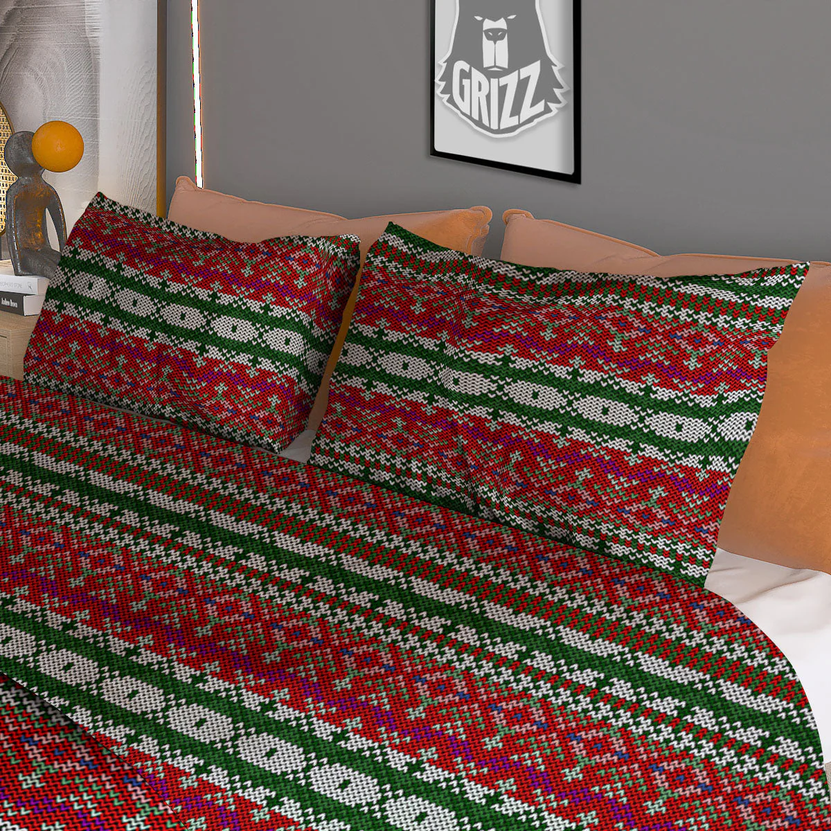 Holiday Knitted Christmas Print Pattern Duvet Cover Bedding Set - Image 3