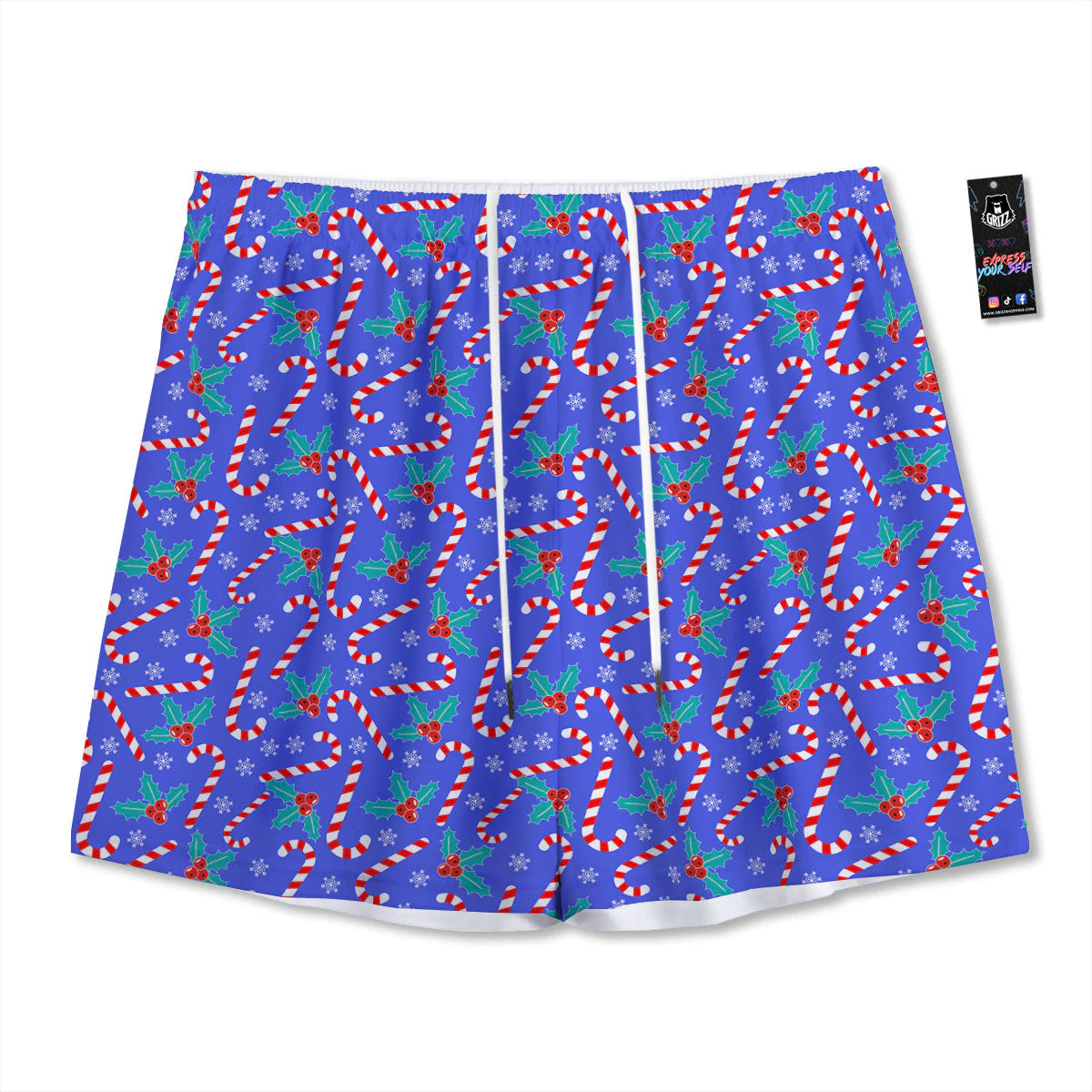 Holly Berry And Candy Cane Christmas Print Pattern Mesh Shorts
