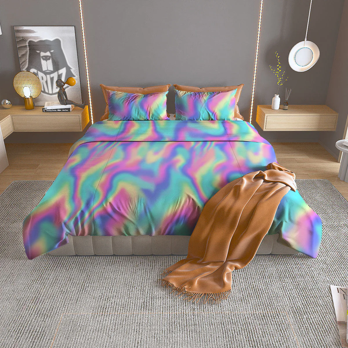 Holographic Rainbow Print Pattern Duvet Cover Bedding Set