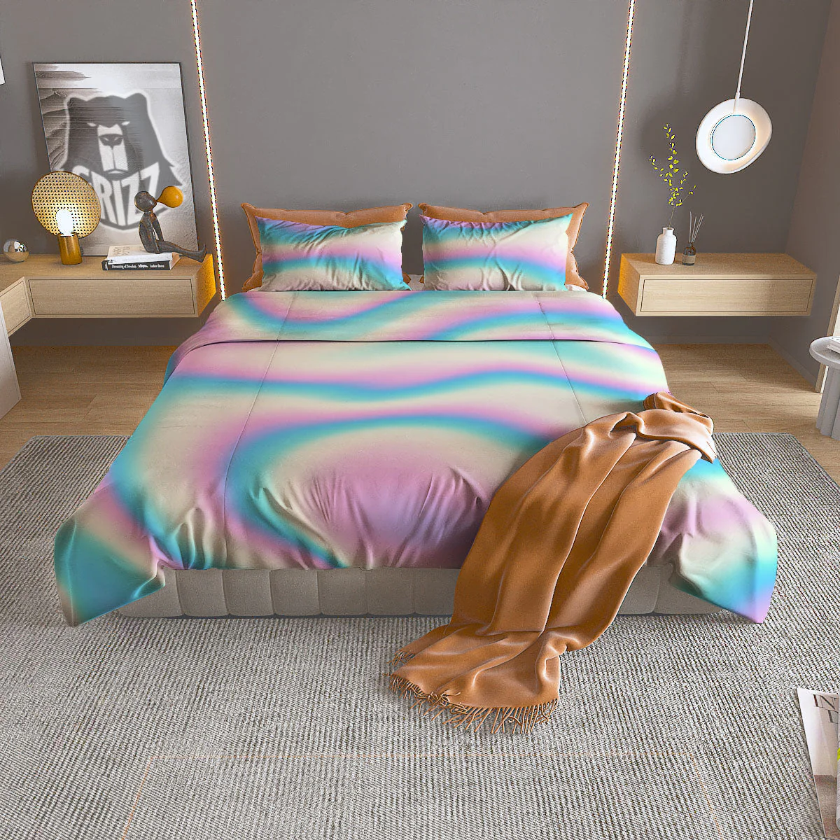 Holographic Teal And Pink Print Duvet Cover Bedding Set