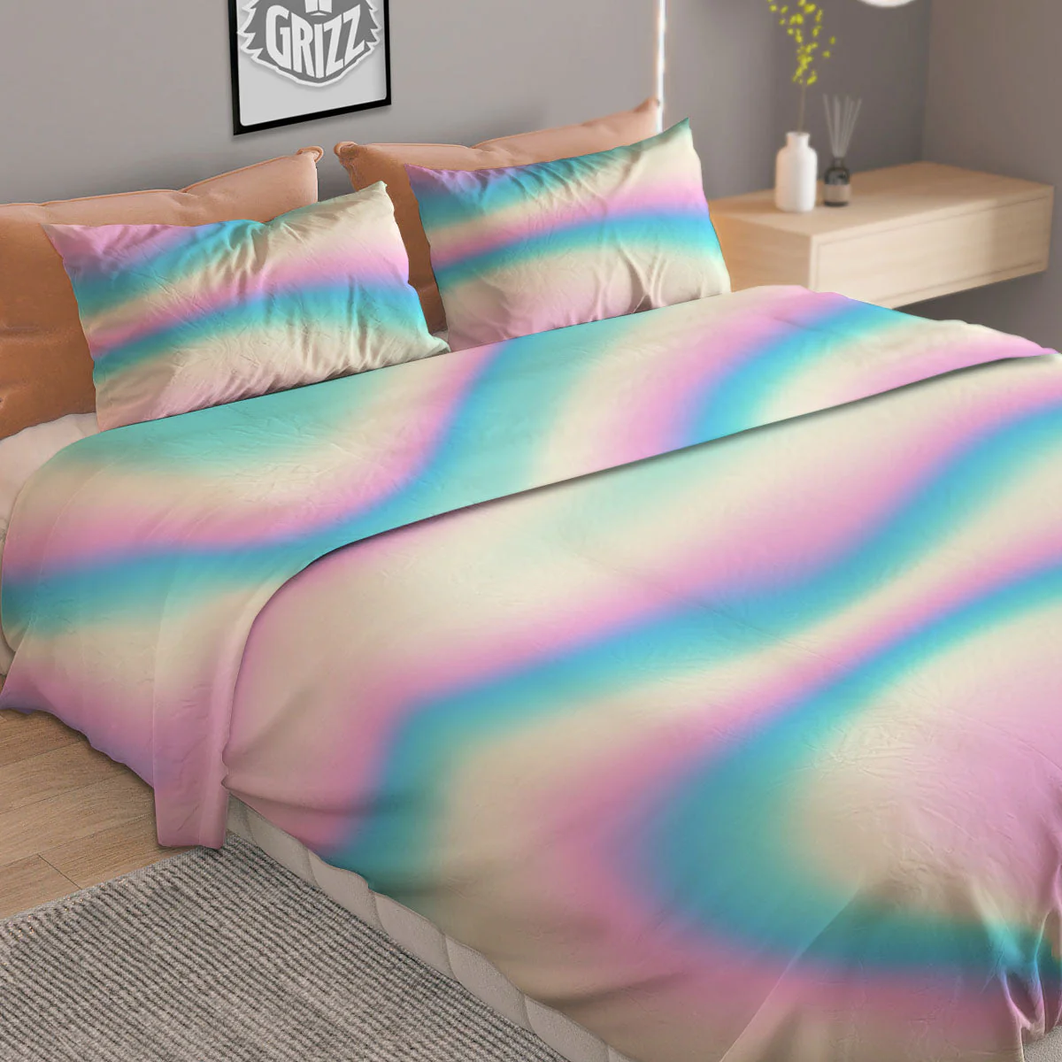 Holographic Teal And Pink Print Duvet Cover Bedding Set - Image 2