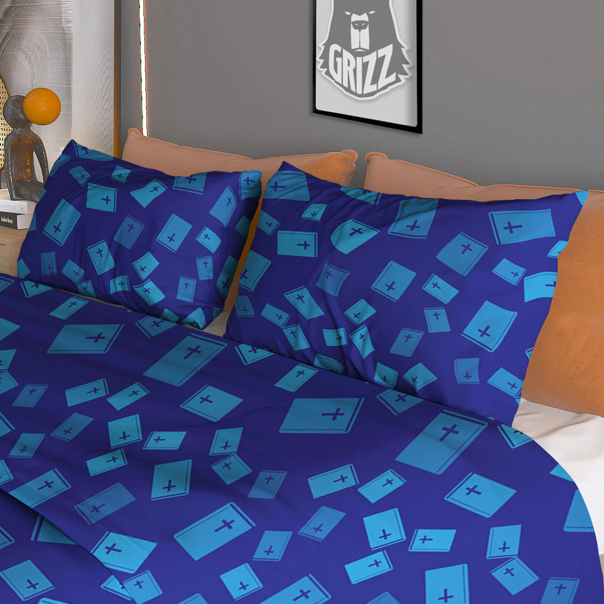 Holy Bible Blue Print Pattern Duvet Cover Bedding Set - Image 3