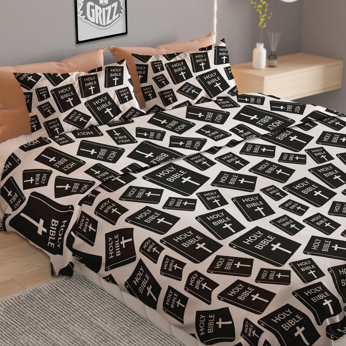 Holy Bible Christian Black Print Pattern Duvet Cover Bedding Set - Image 2