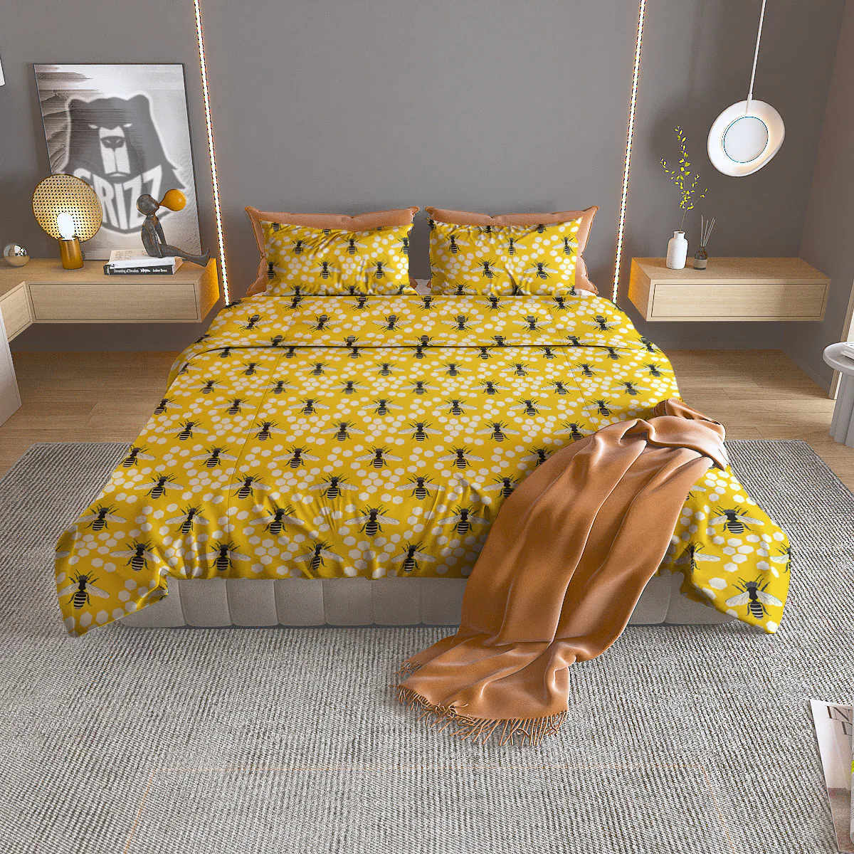 Honeycomb Bee Print Pattern Duvet Cover Bedding Set