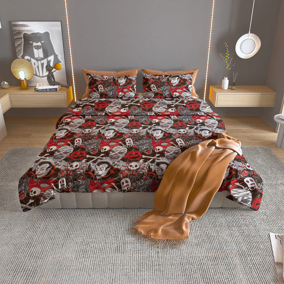 Horror Monsters Halloween Print Pattern Duvet Cover Bedding Set