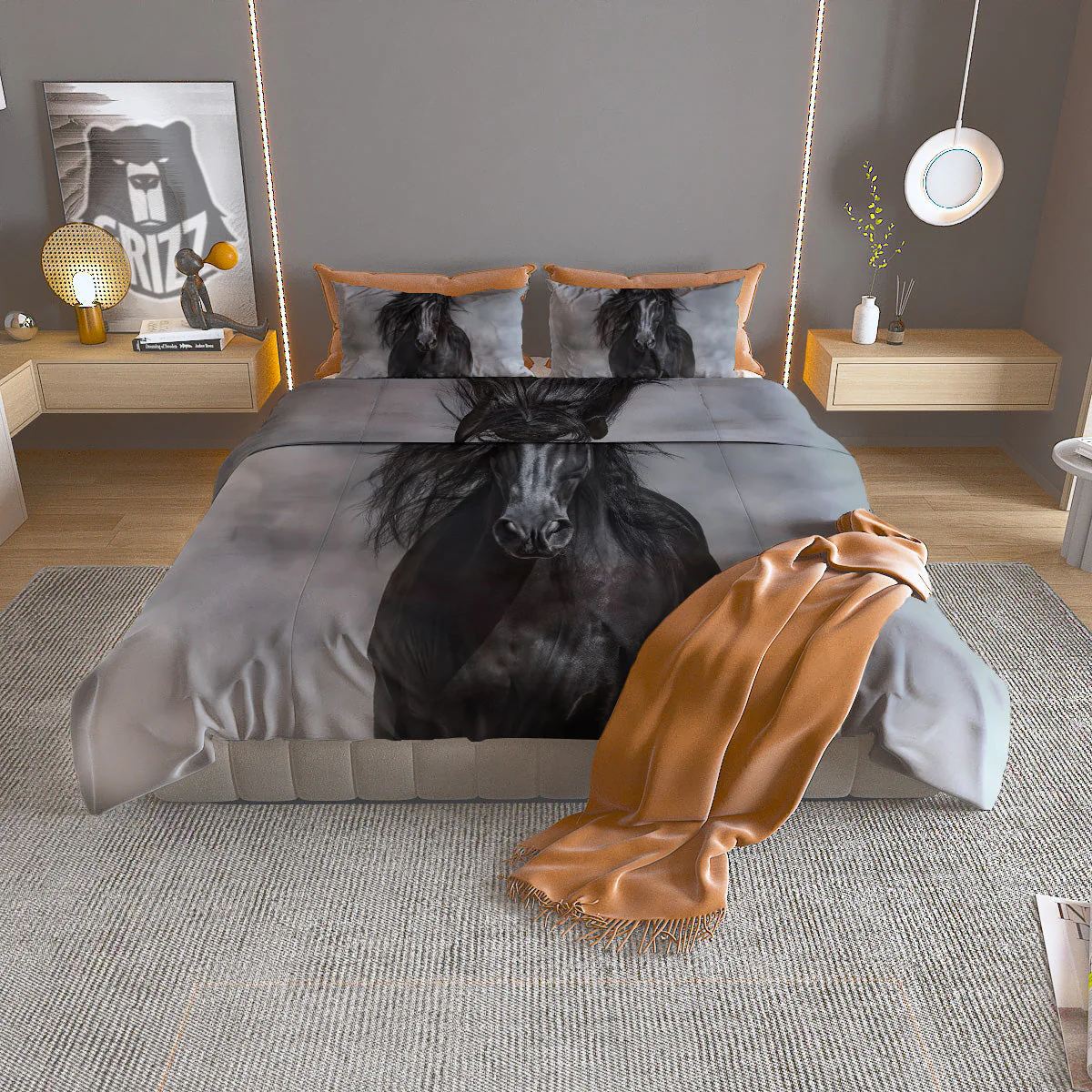 Horse Black Stallion Print Duvet Cover Bedding Set