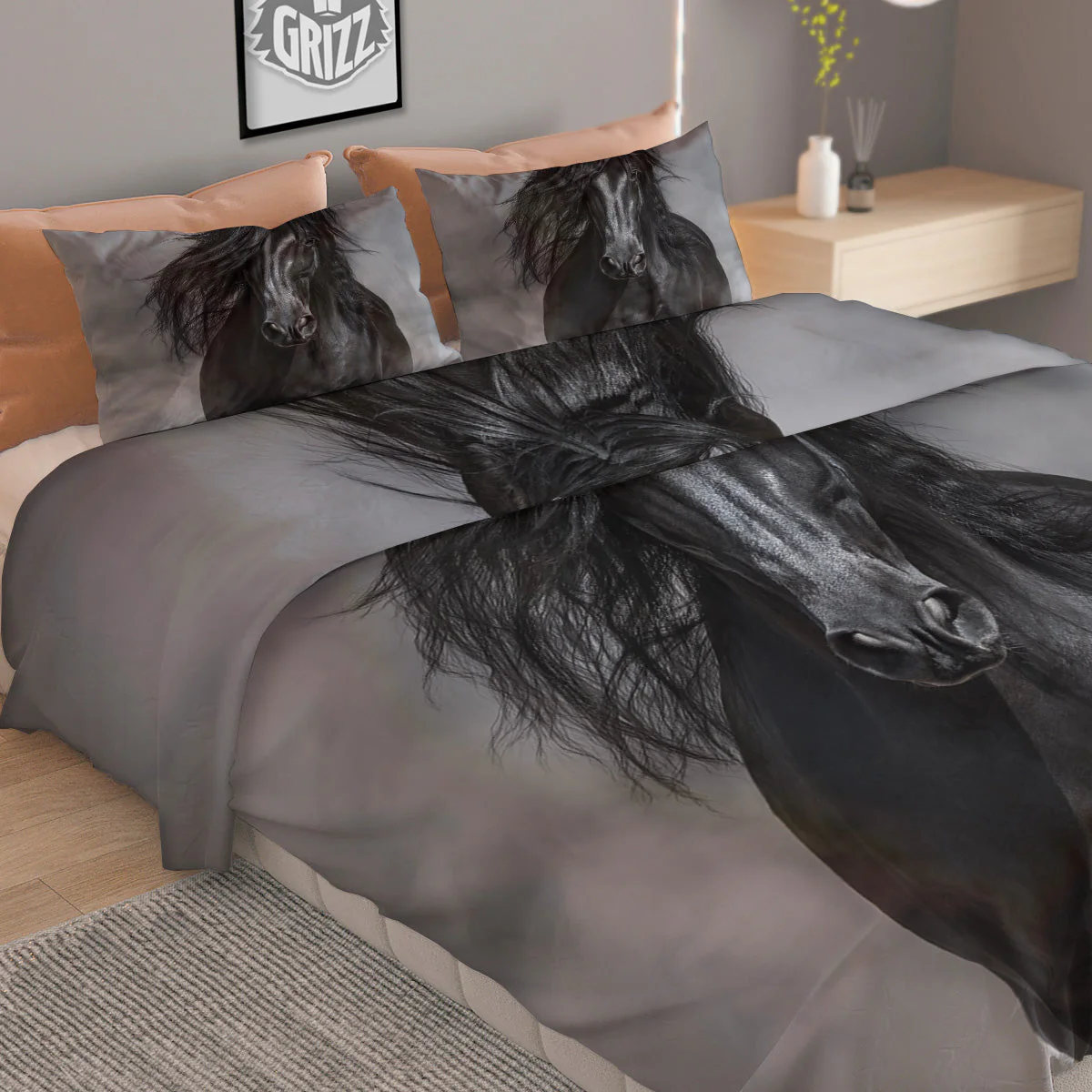 Horse Black Stallion Print Duvet Cover Bedding Set - Image 2