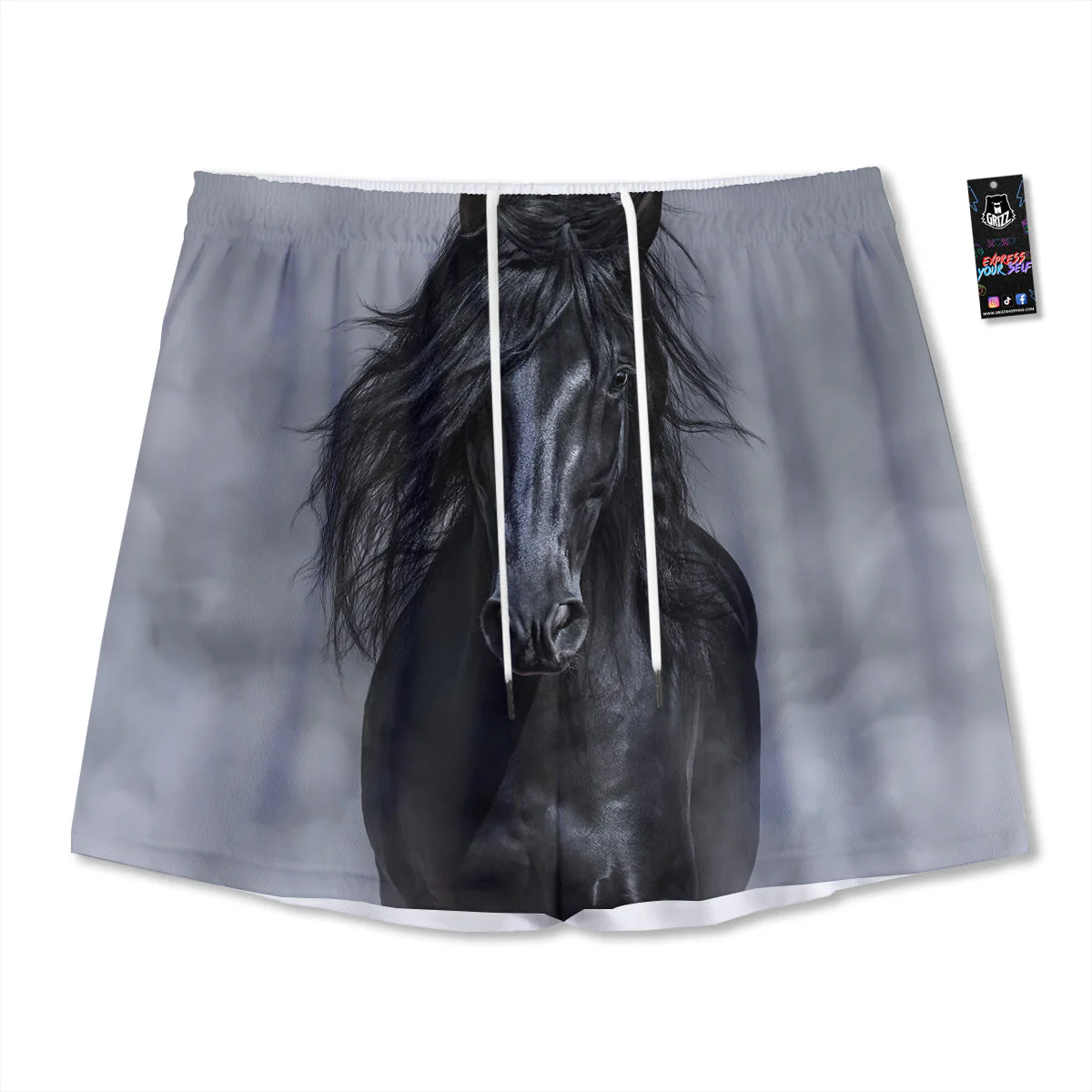 Horse Black Stallion Print Mesh Shorts