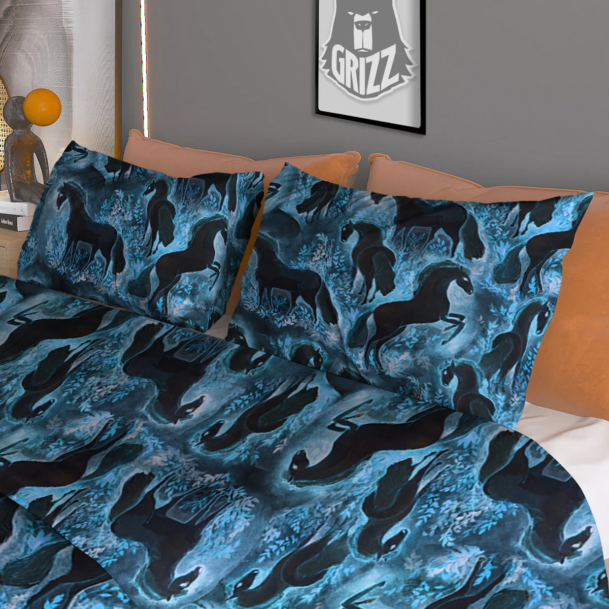 Horse Painting Dark Blue Print Duvet Cover Bedding Set - Image 3