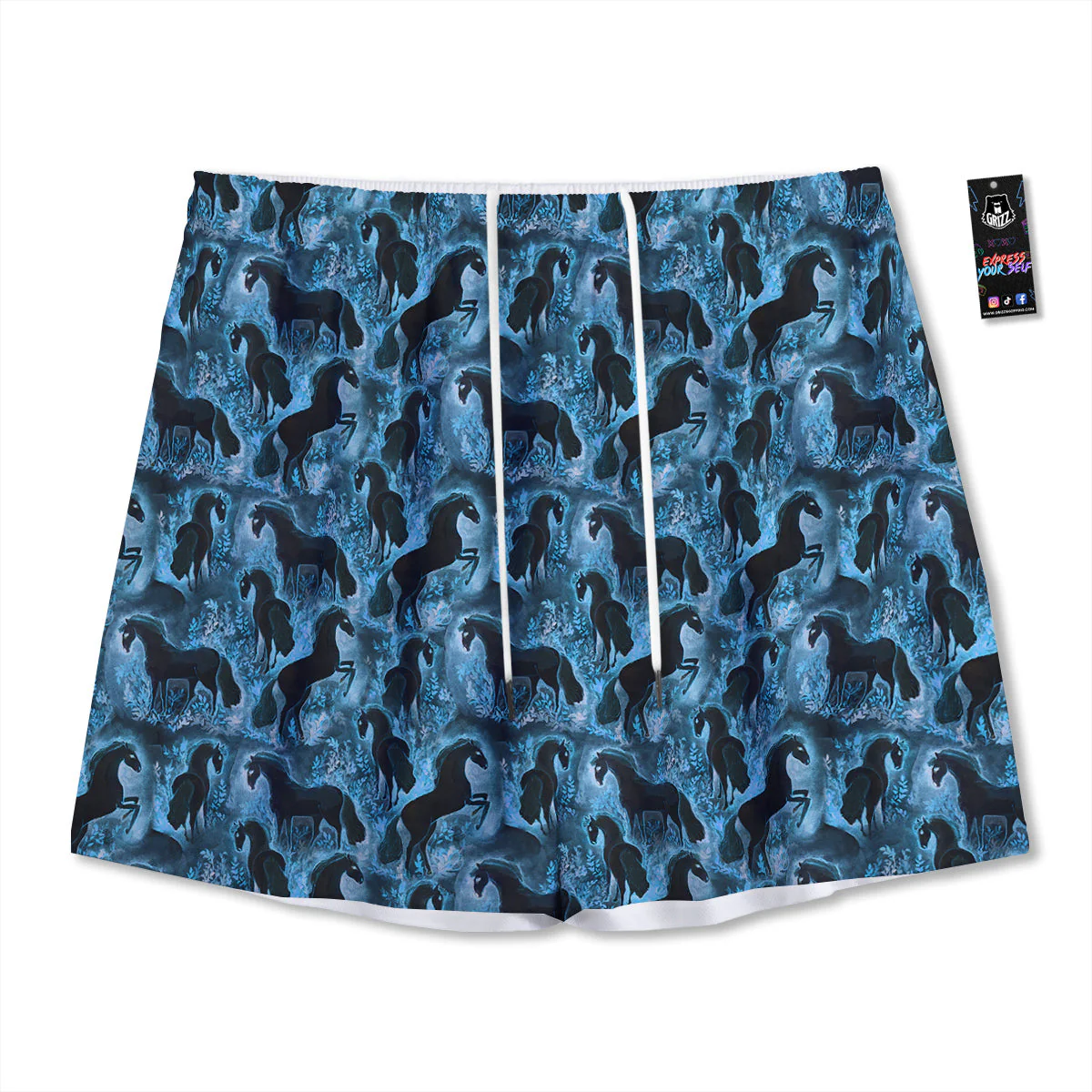 Horse Painting Dark Blue Print Mesh Shorts
