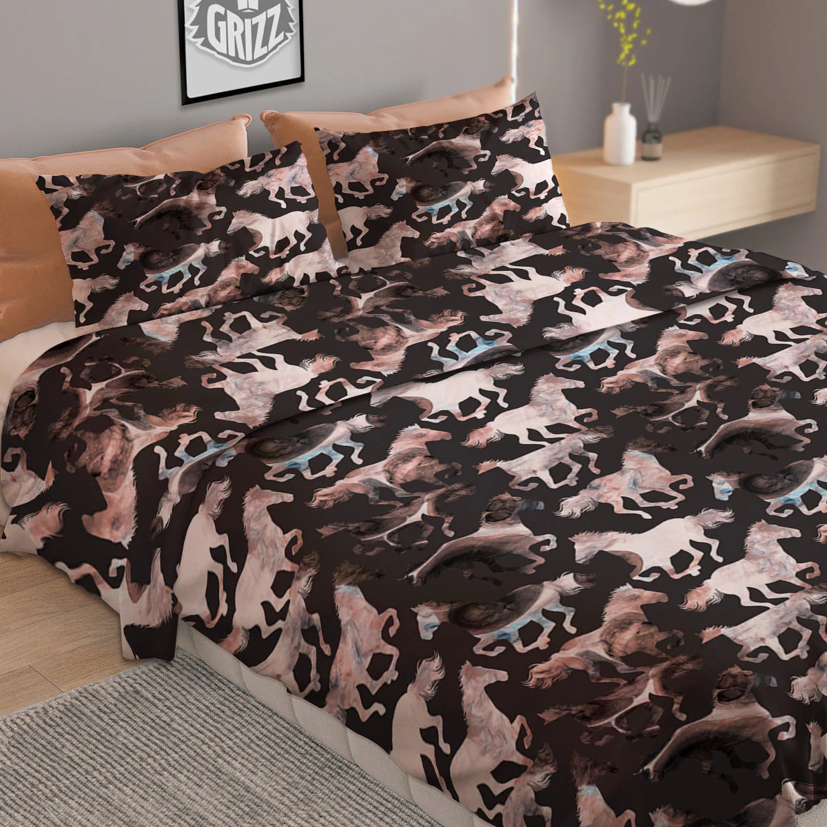 Horse Painting Dark Pink Print Duvet Cover Bedding Set - Image 2