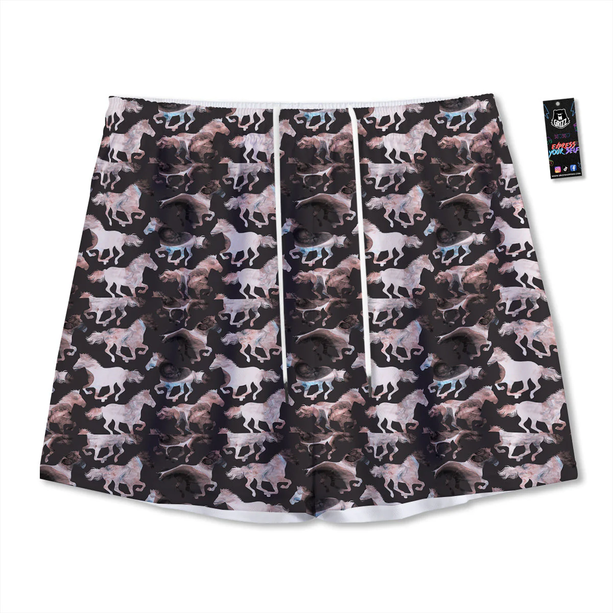 Horse Painting Dark Pink Print Mesh Shorts