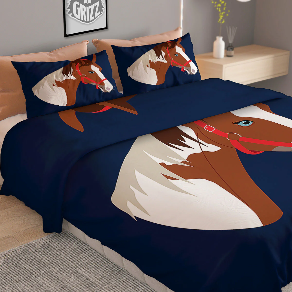 Horse Portrait Dark Blue Print Duvet Cover Bedding Set - Image 2