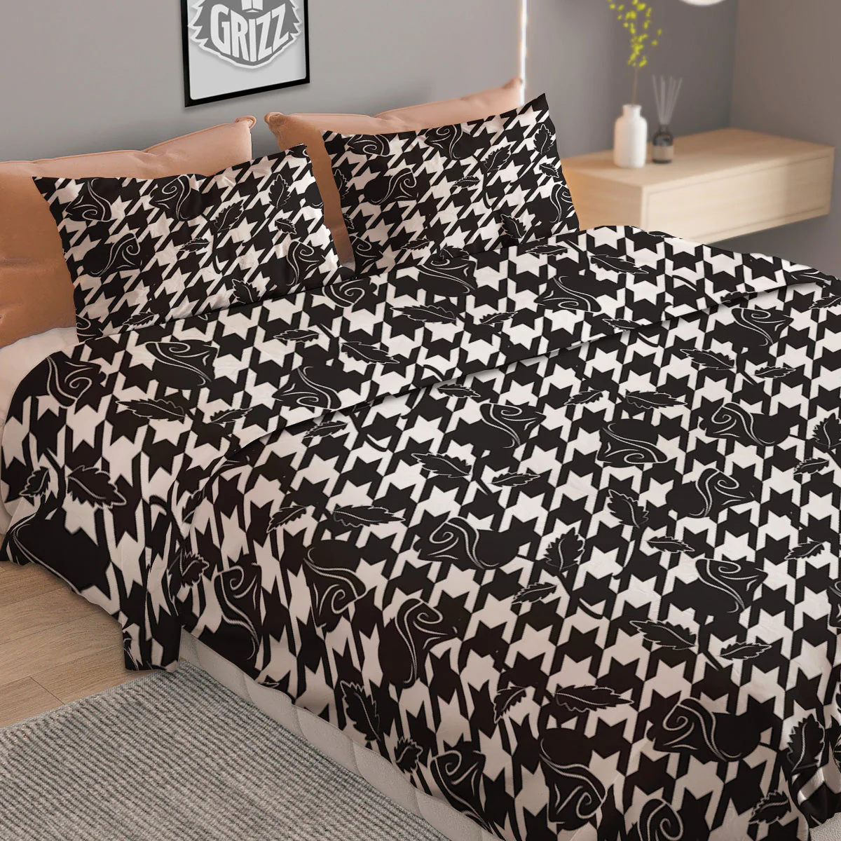 Houndstooth And Black Rose Print Pattern Duvet Cover Bedding Set - Image 2