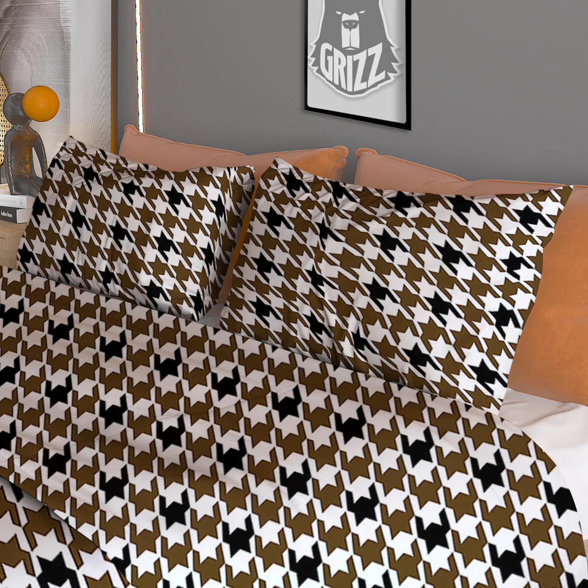 Houndstooth Black And Brown Print Duvet Cover Bedding Set - Image 3