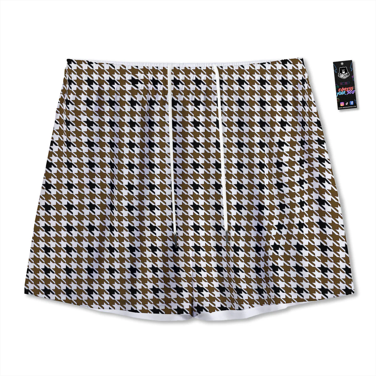 Houndstooth Black And Brown Print Mesh Shorts