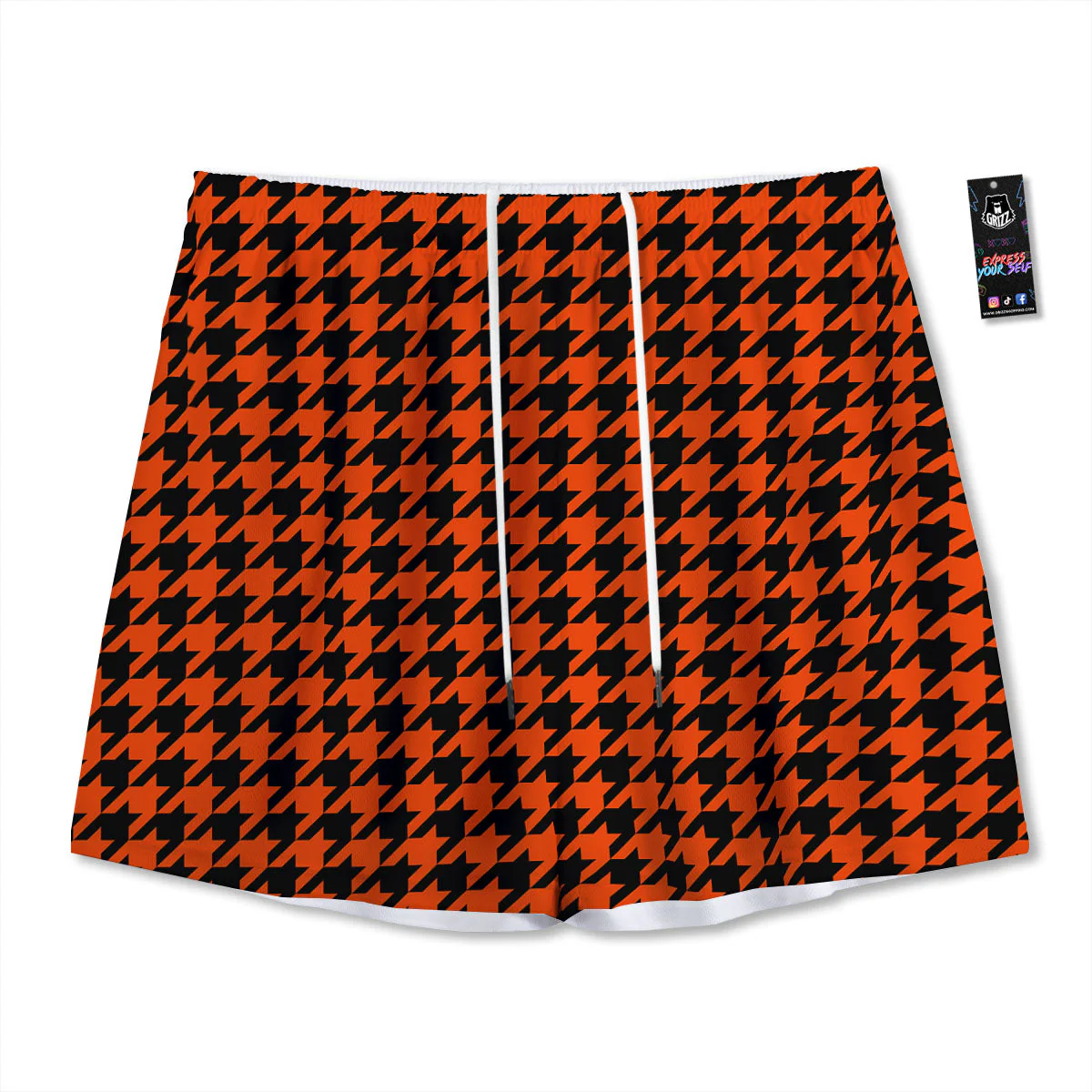 Houndstooth Black And Orange Print Mesh Shorts