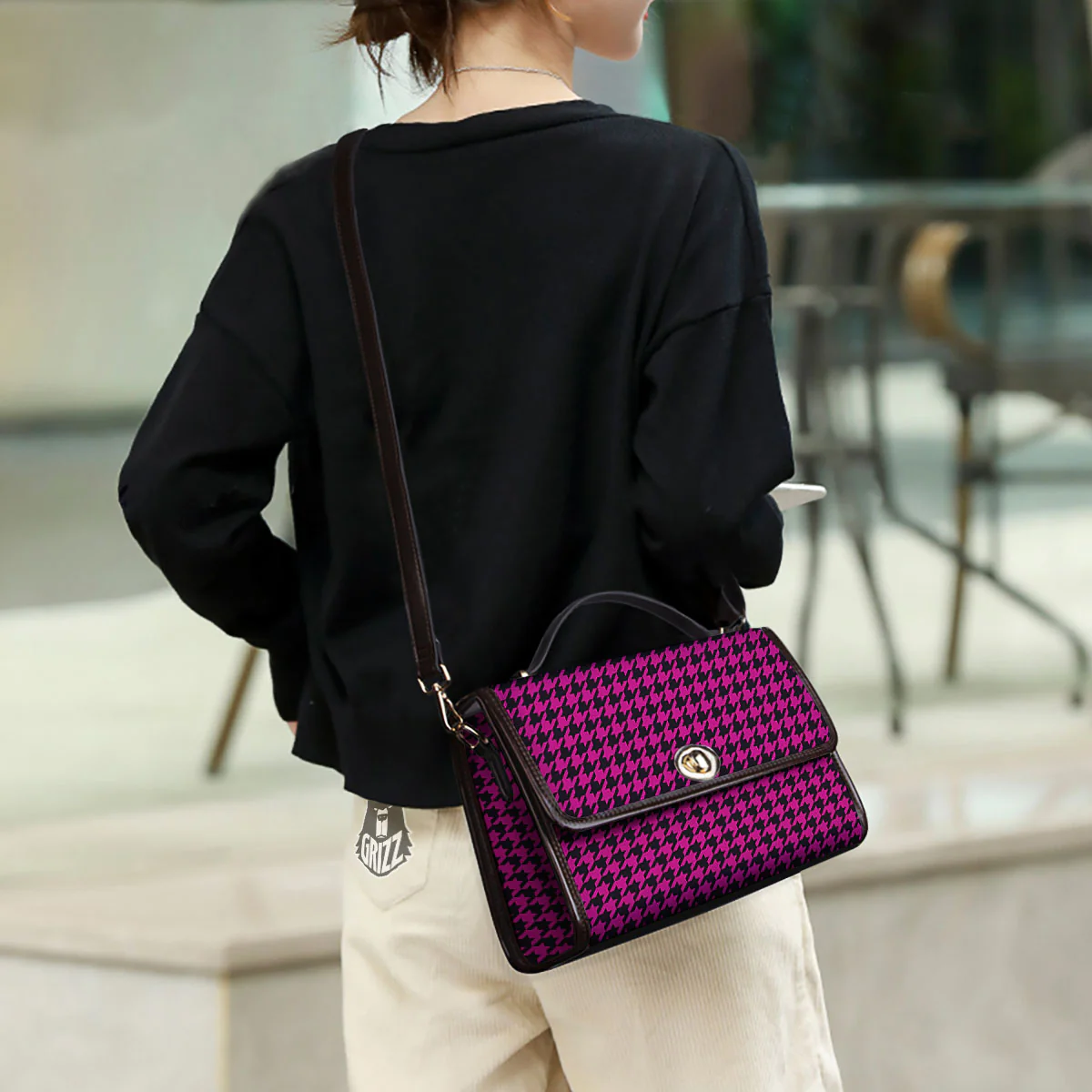 Houndstooth Black And Pink Magenta Print Women's Satchel Bag - Image 3