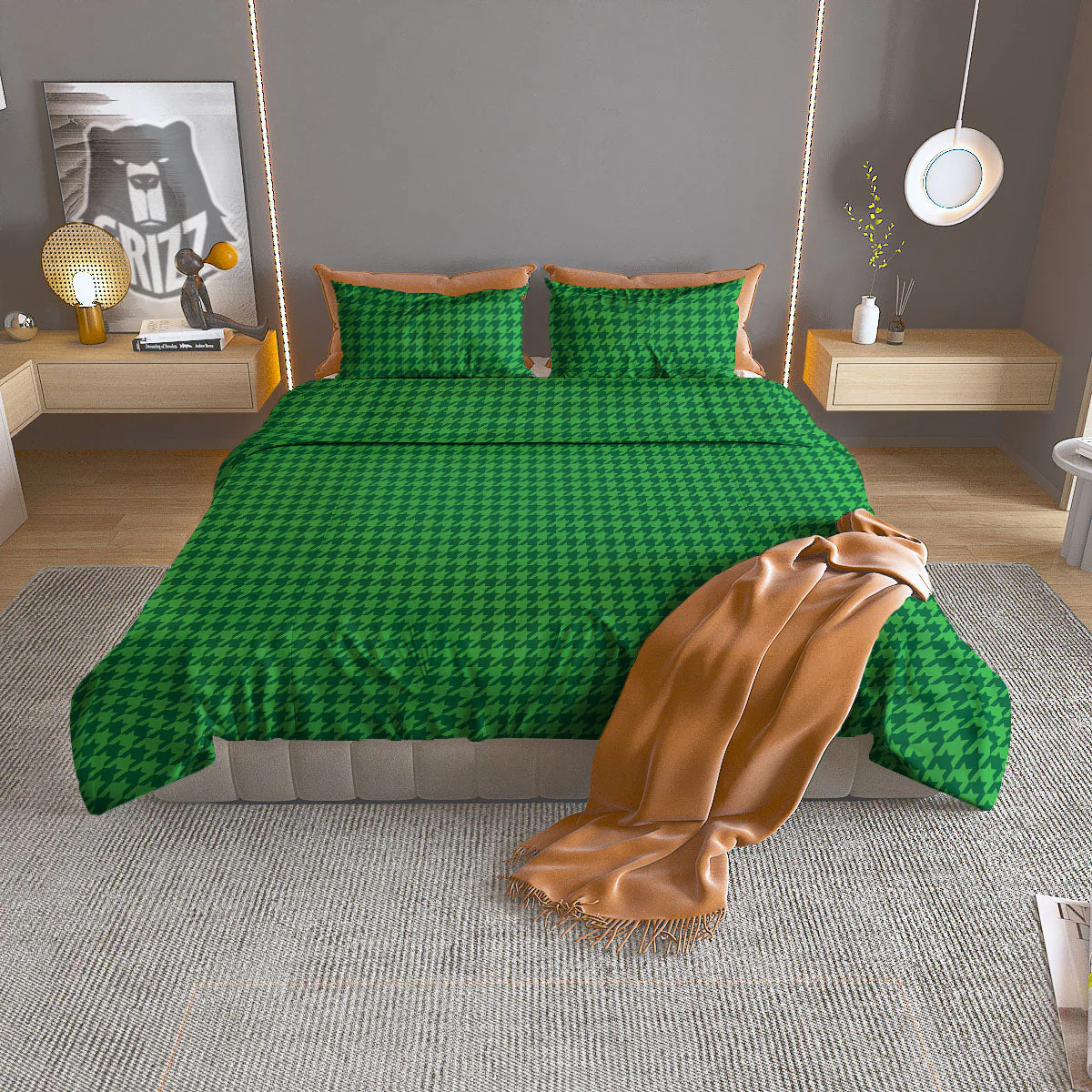 Houndstooth Green Print Pattern Duvet Cover Bedding Set