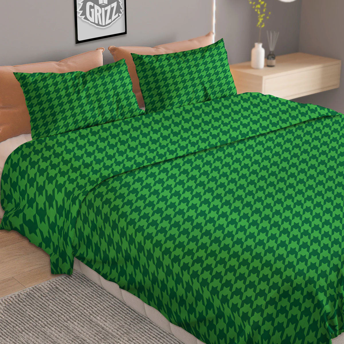 Houndstooth Green Print Pattern Duvet Cover Bedding Set - Image 2