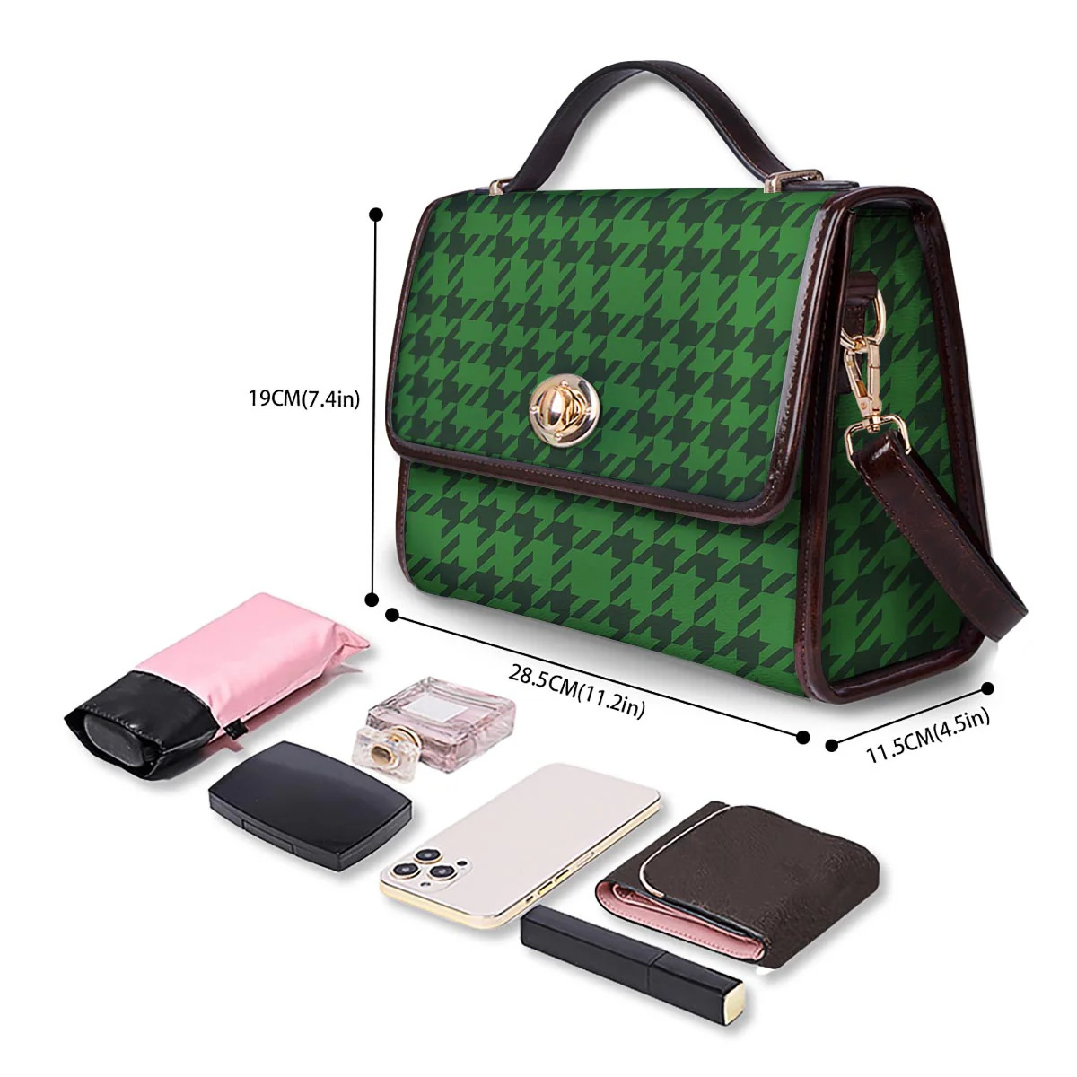 Houndstooth green Trippy Print Pattern Women's Satchel Bag - Image 4