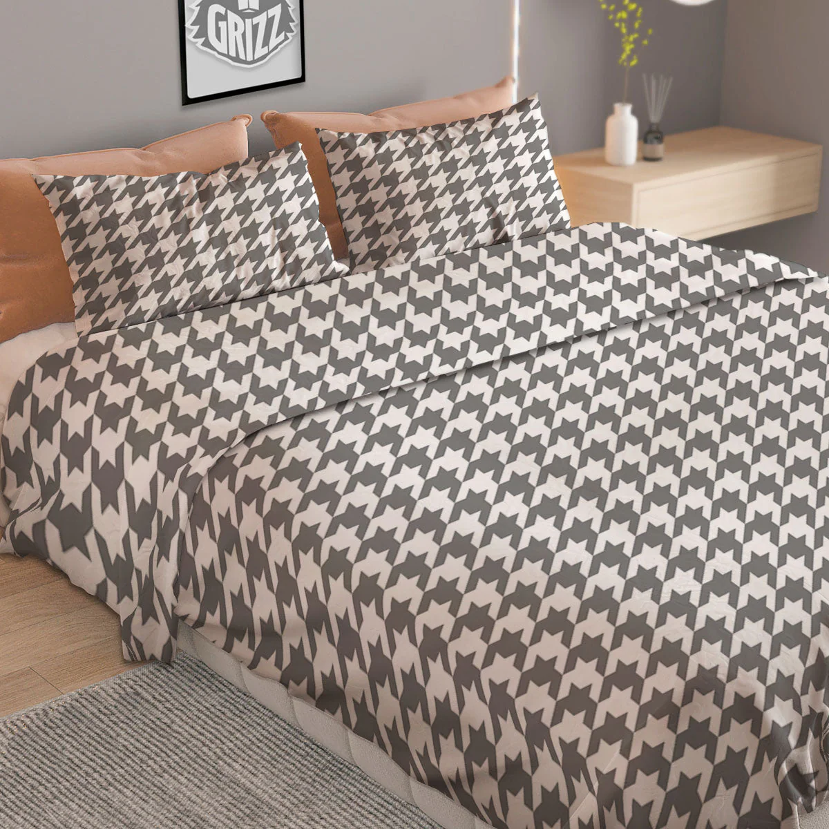 Houndstooth Grey Print Pattern Duvet Cover Bedding Set - Image 2