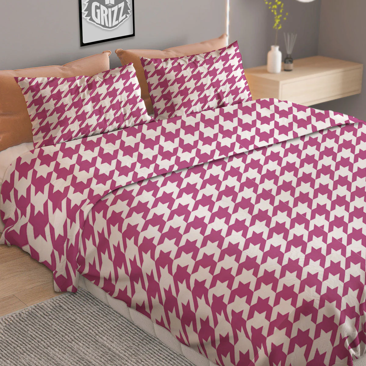 Houndstooth Pink Print Pattern Duvet Cover Bedding Set - Image 2