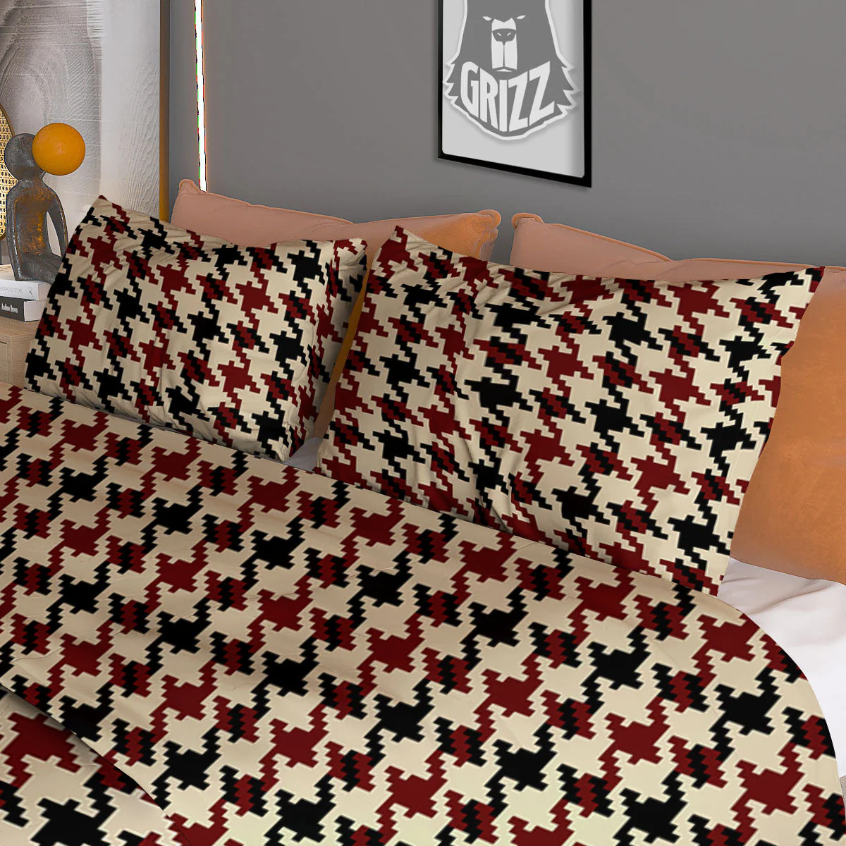 Houndstooth Red Brown Print Pattern Duvet Cover Bedding Set - Image 3