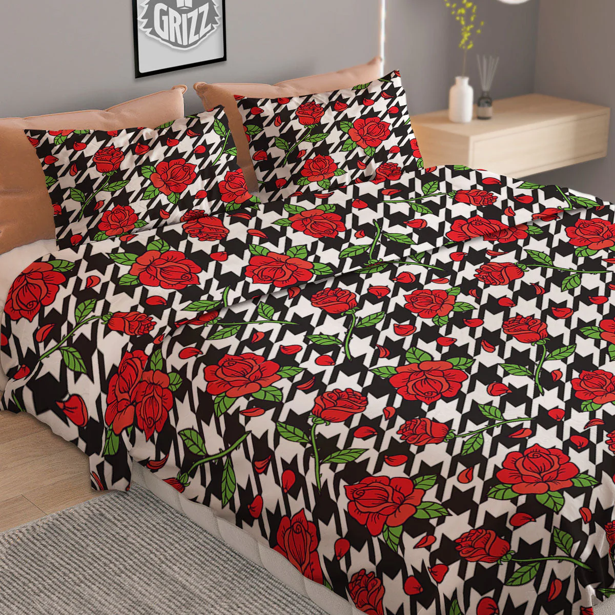 Houndstooth Red Roses Print Pattern Duvet Cover Bedding Set - Image 2
