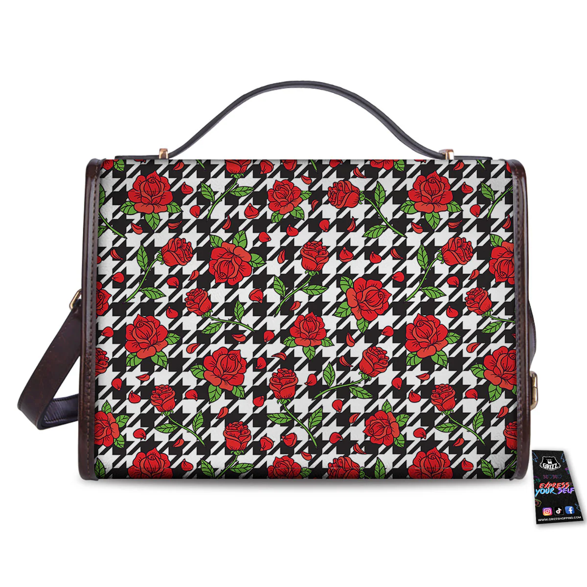 Houndstooth Red Roses Print Pattern Women's Satchel Bag - Image 2