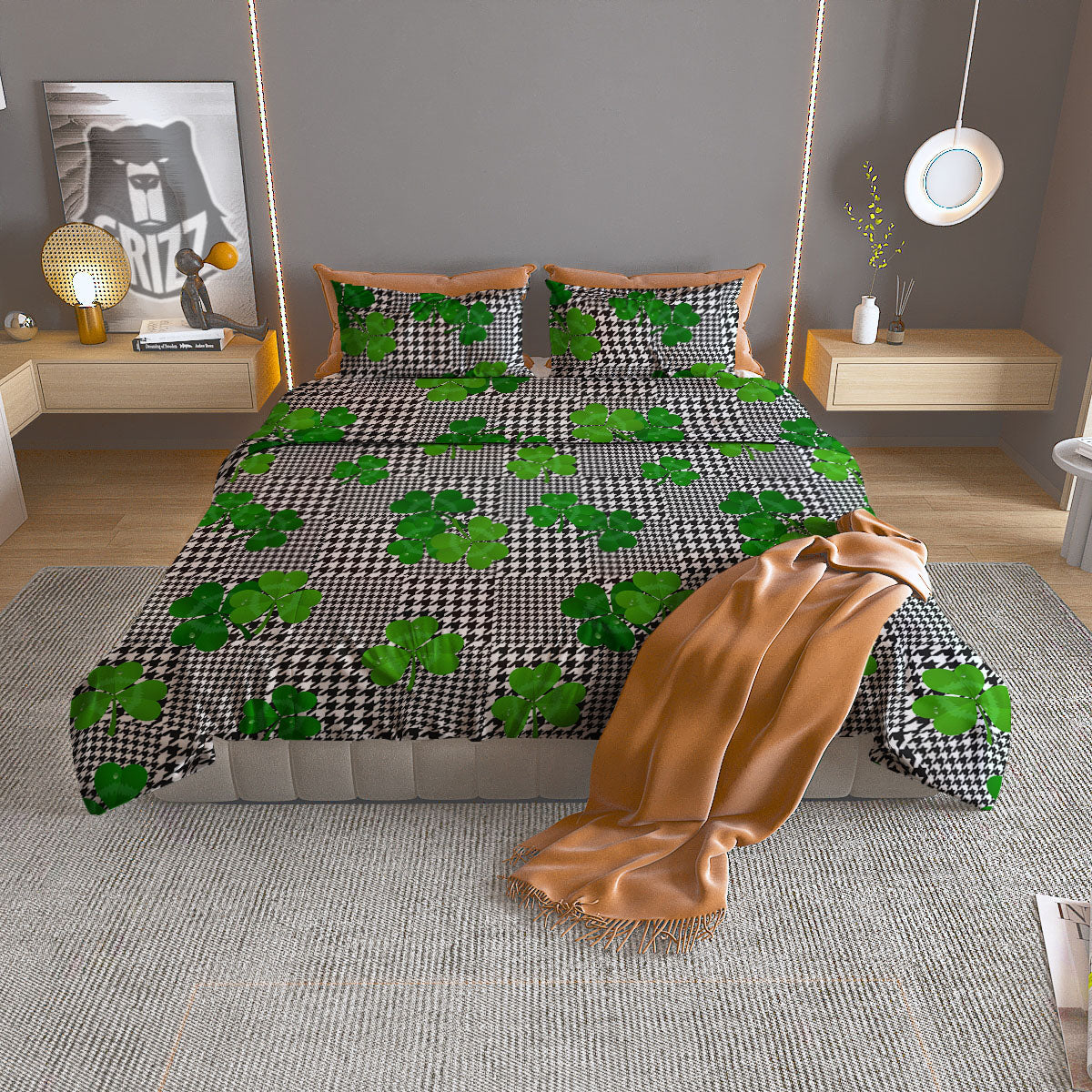 Houndstooth Shamrocks Print Pattern Duvet Cover Bedding Set