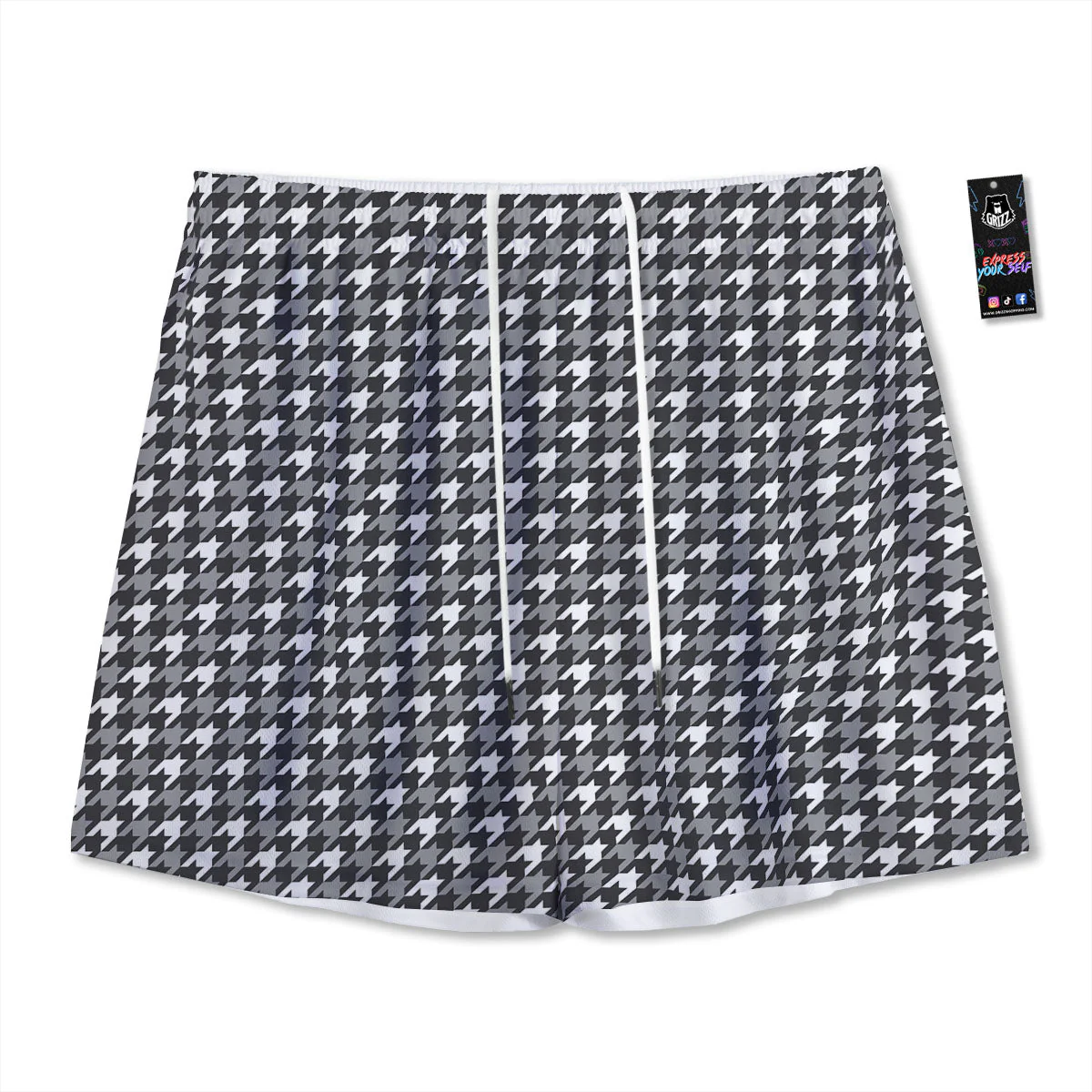 Houndstooth White And Grey Print Pattern Mesh Shorts