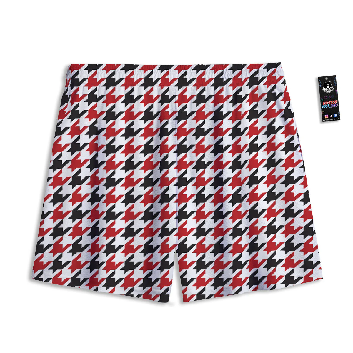Houndstooth White And Red Print Pattern Mesh Shorts - Image 2