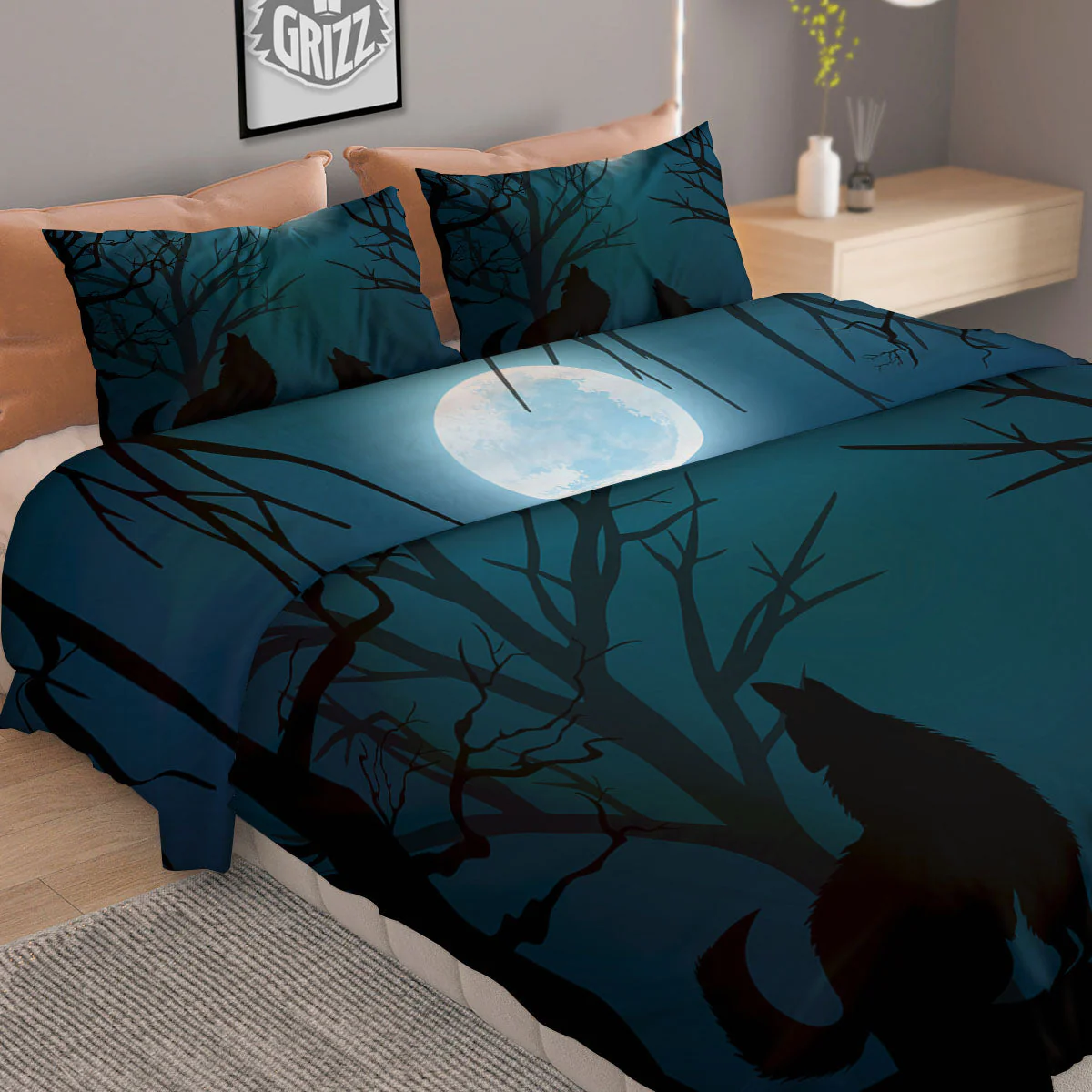 Howling Wolf At The Full Moon Print Duvet Cover Bedding Set - Image 2