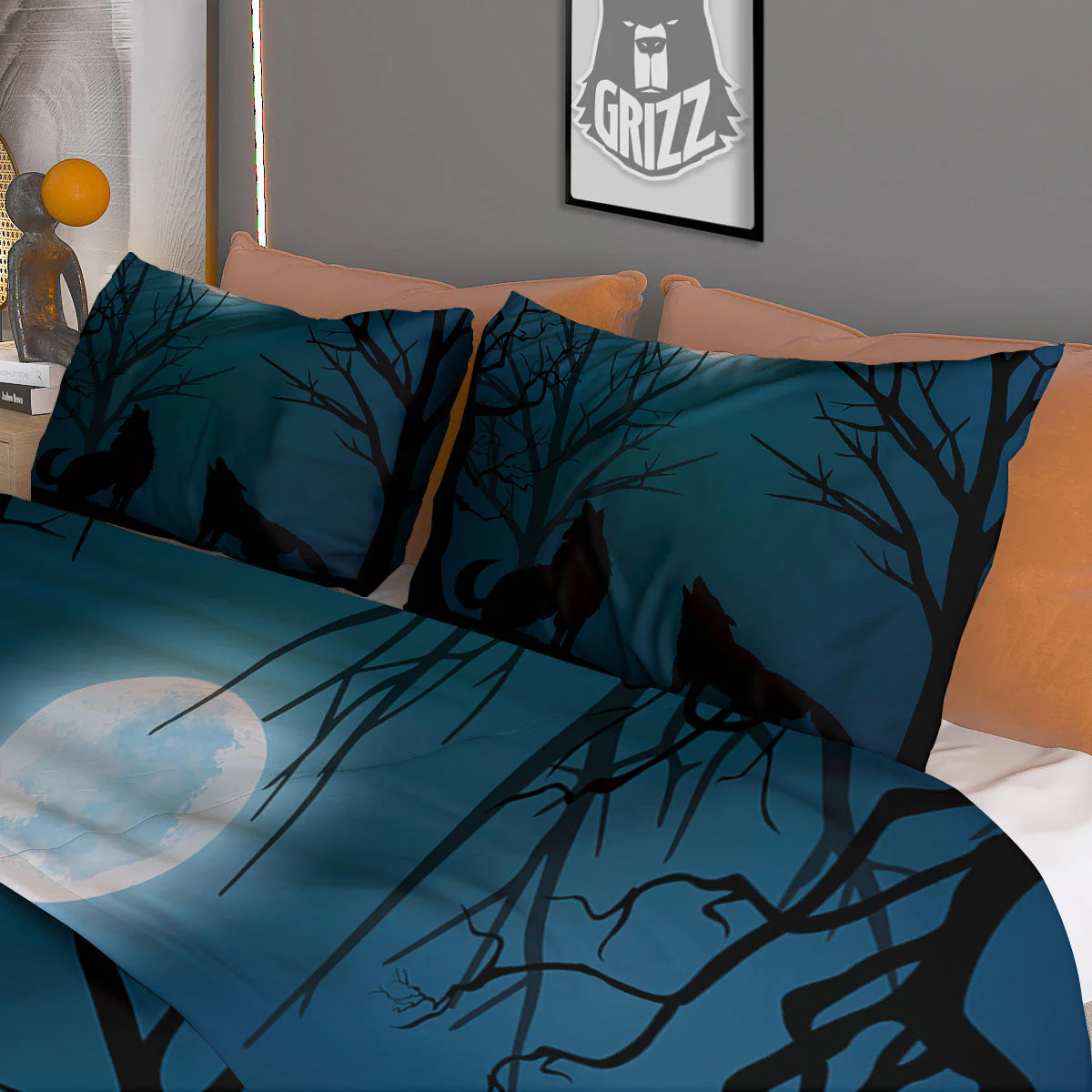 Howling Wolf At The Full Moon Print Duvet Cover Bedding Set - Image 3