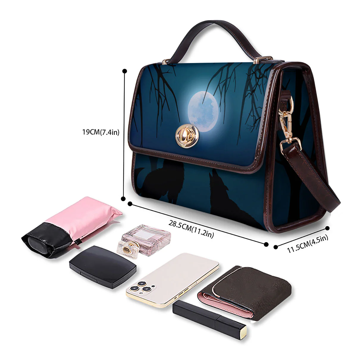 Howling Wolf At The Full Moon Print Women's Satchel Bag - Image 4