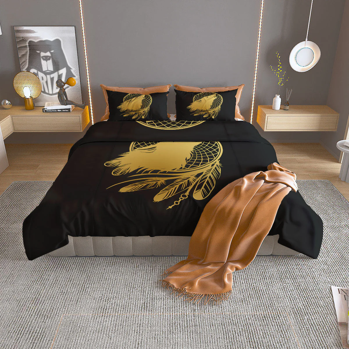 Howling Wolf Golden Bohemian Print Duvet Cover Bedding Set