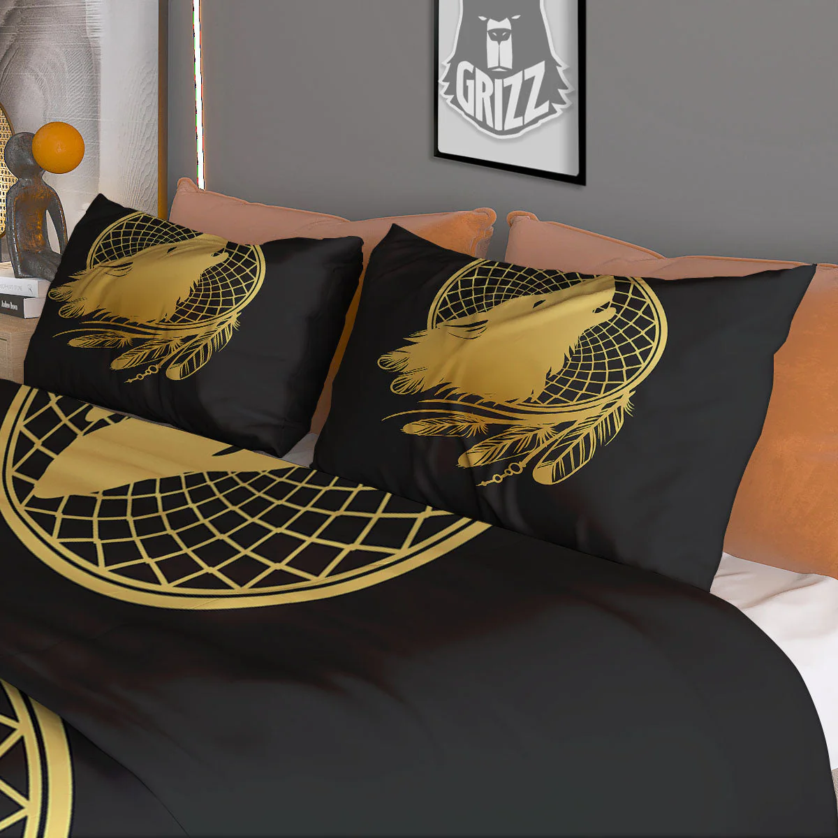 Howling Wolf Golden Bohemian Print Duvet Cover Bedding Set - Image 3