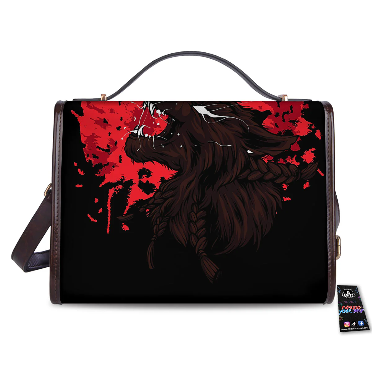Howling Wolf Red Moon Print Women's Satchel Bag - Image 2