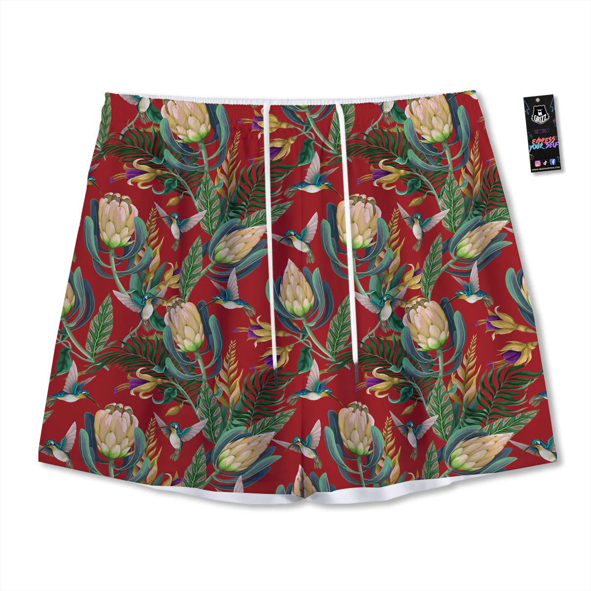 Hummingbird And Wild Flowers Print Pattern Mesh Shorts