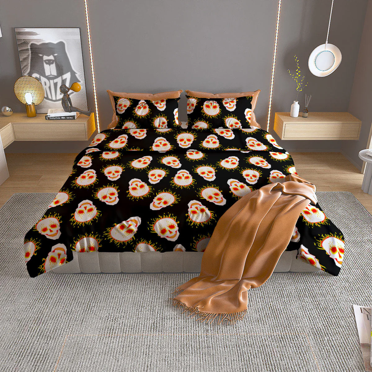 In Flames Skull Print Pattern Duvet Cover Bedding Set