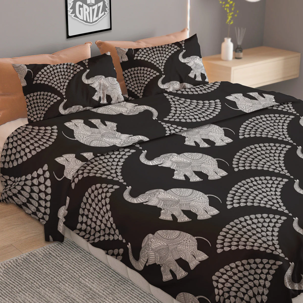 Indian Elephant Black Grey And White Print Pattern Duvet Cover Bedding Set - Image 2