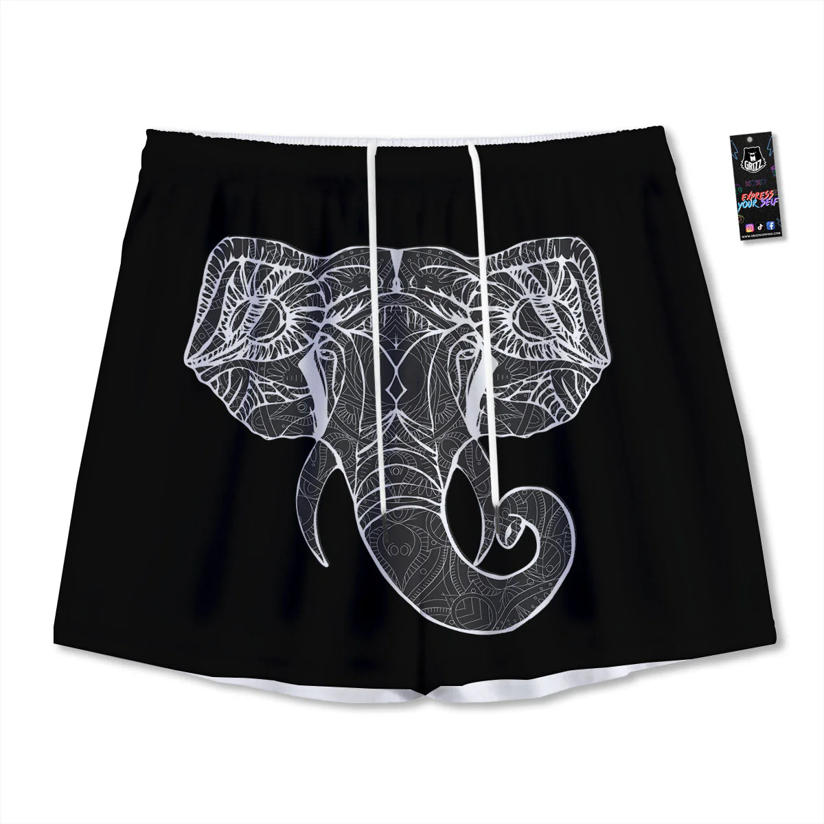 Indian Elephant White And Black Print Mesh Shorts