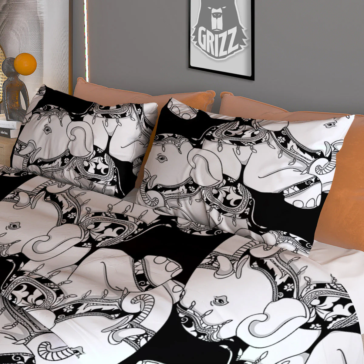 Indian Elephant White And Black Print Pattern Duvet Cover Bedding Set - Image 3