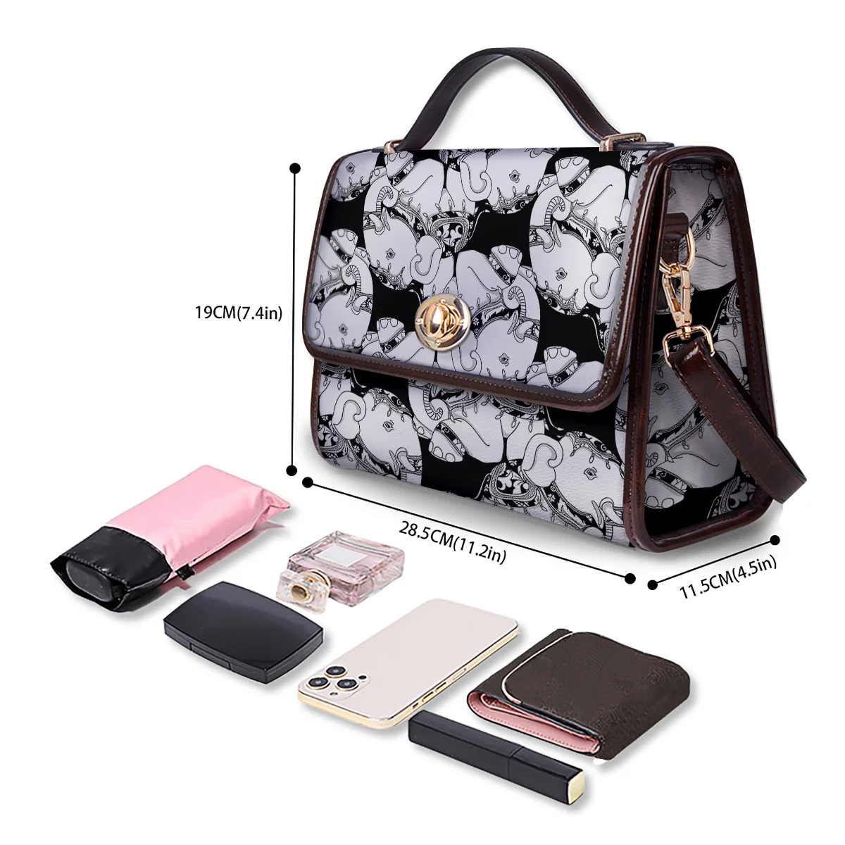 Indian Elephant White And Black Print Pattern Women's Satchel Bag - Image 4