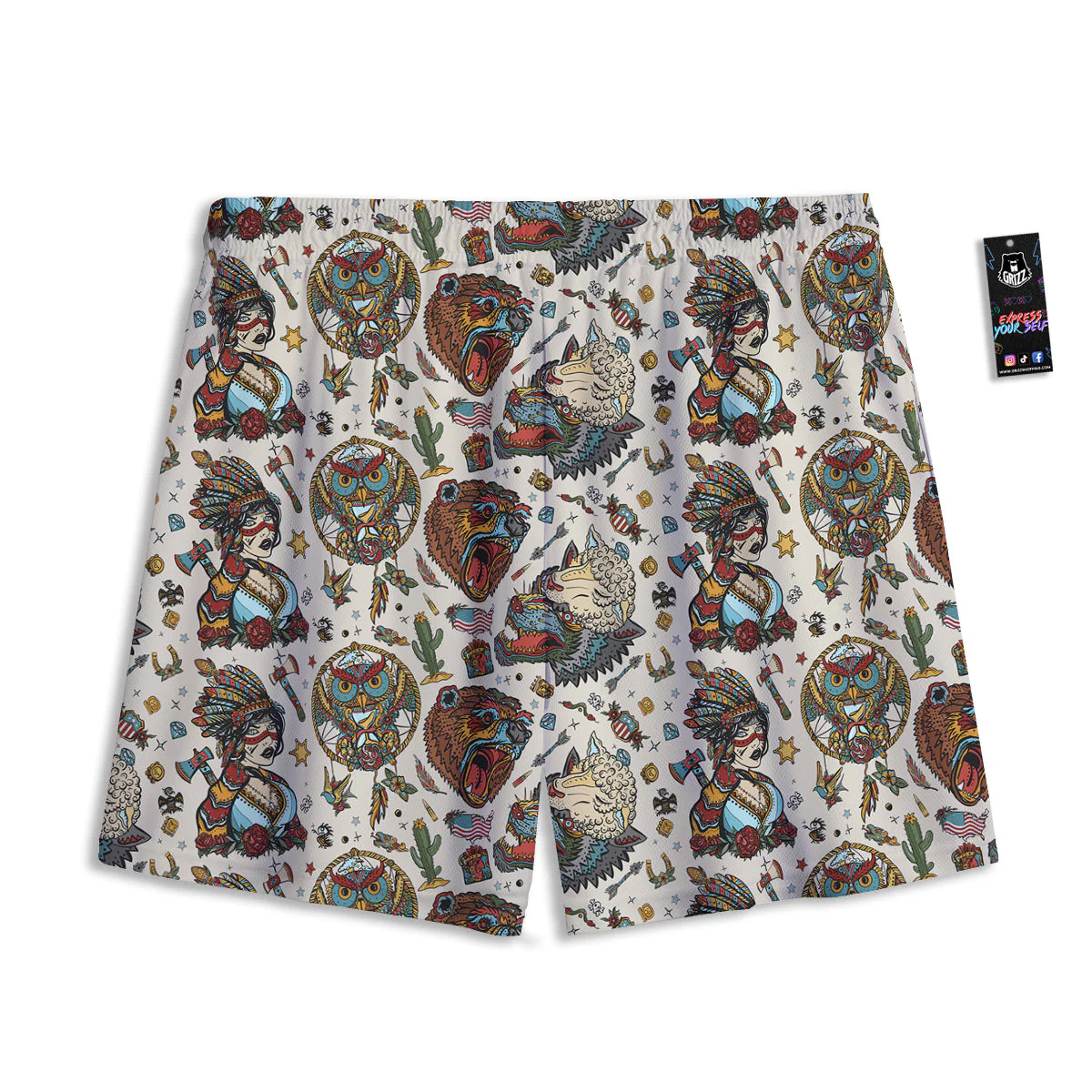Indian Old School Tattoo Style Print Pattern Mesh Shorts - Image 2