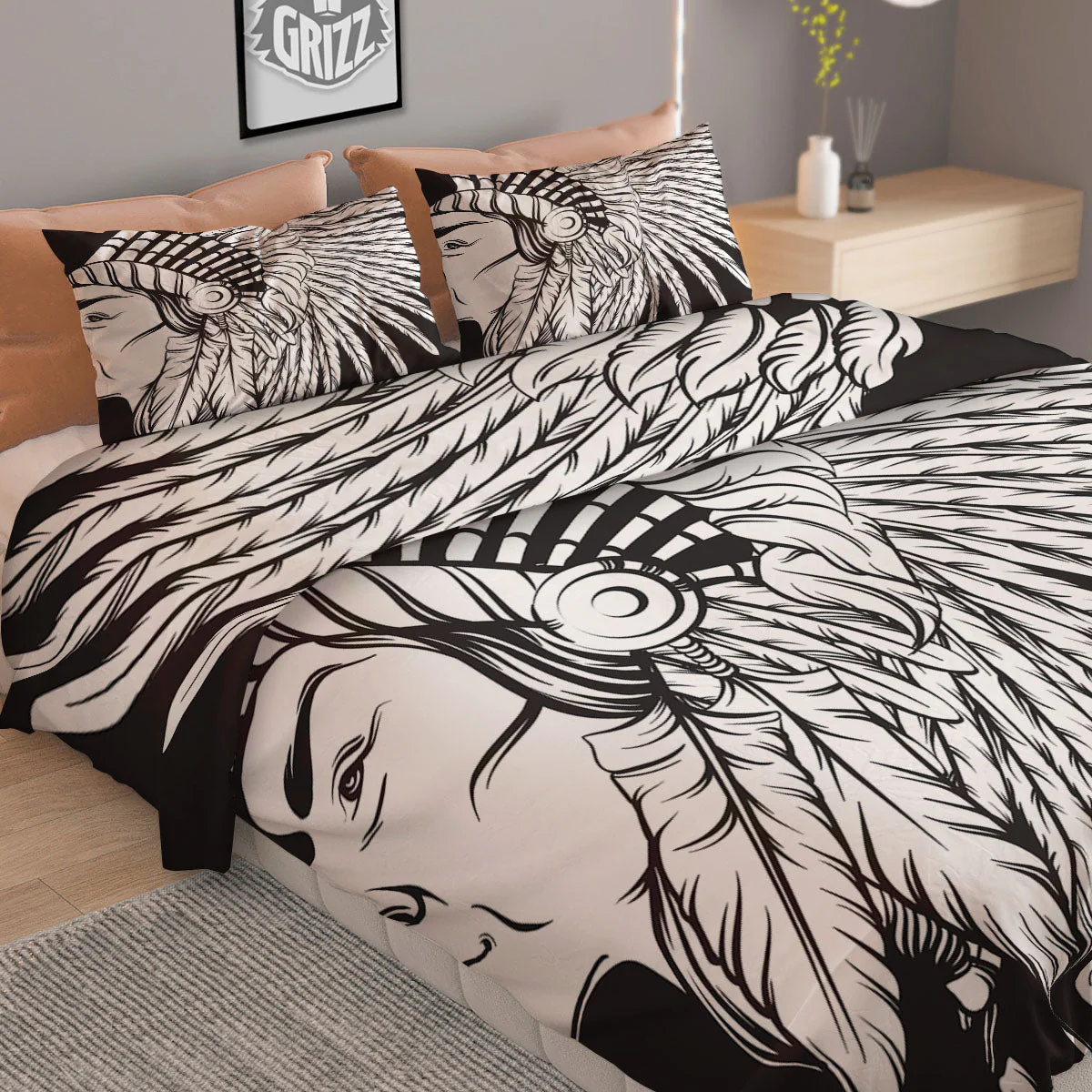 Indian Portrait Monochrome Native Print Duvet Cover Bedding Set - Image 2