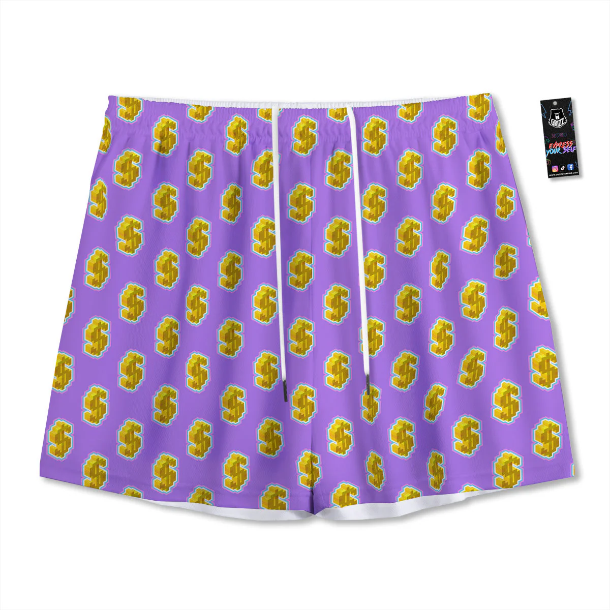 Isometric Gold Dollar Print Pattern Mesh Shorts