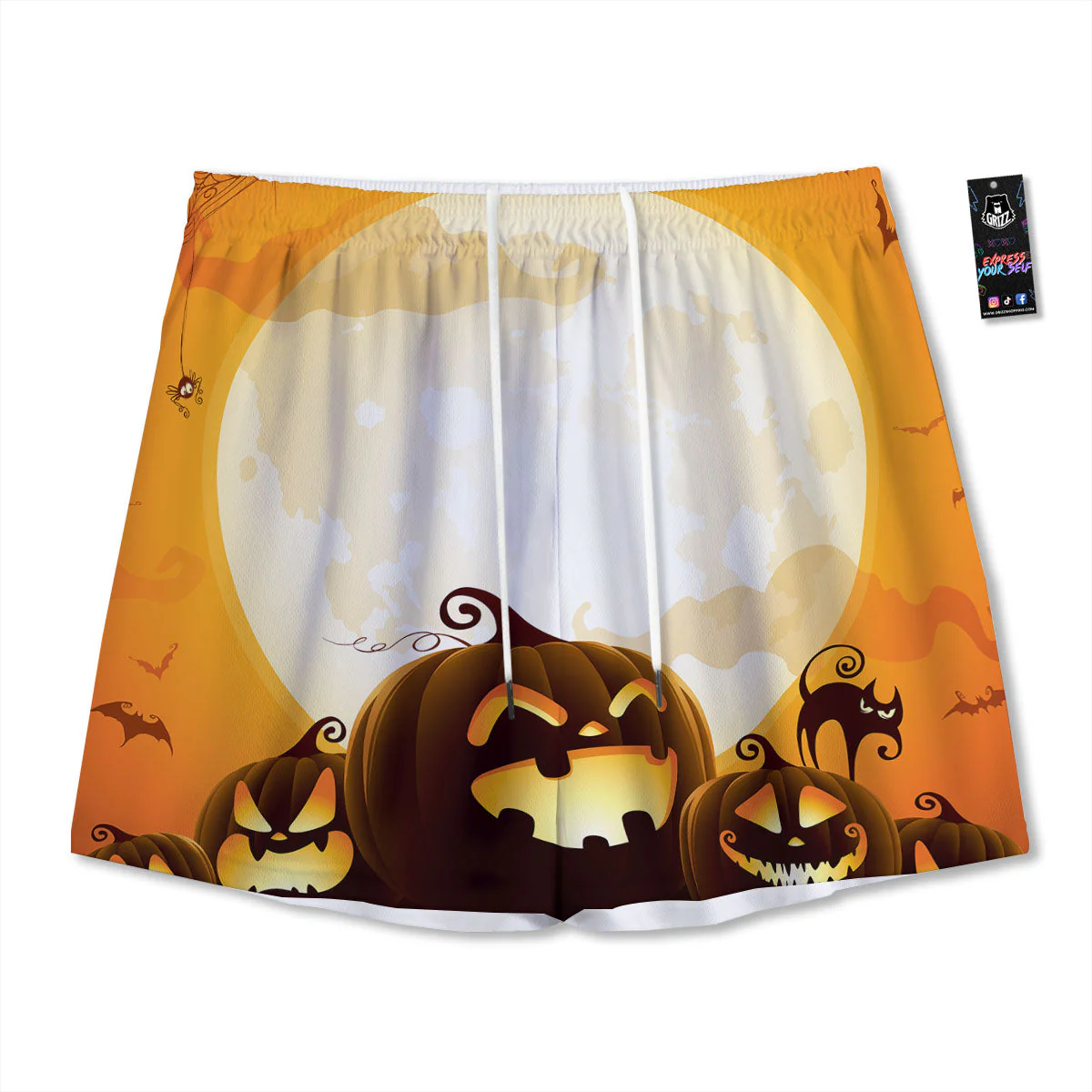Jack-O'-Lantern Pumpkin Halloween Print Mesh Shorts