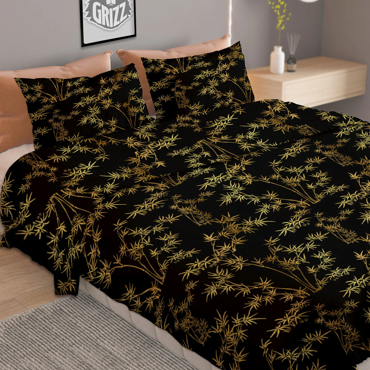 Japanese Bamboo Black And Gold Print Pattern Duvet Cover Bedding Set - Image 2